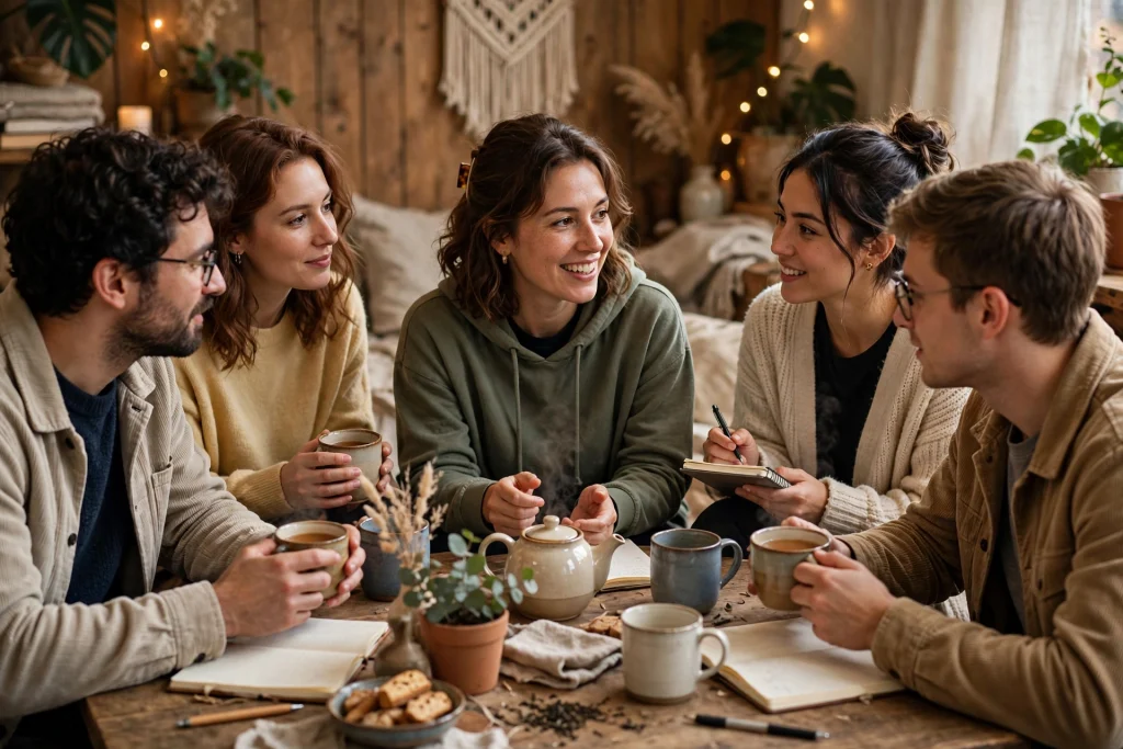 Small warm community of loyal fans gathered around a creator at a cozy meetup with tea and notebooks