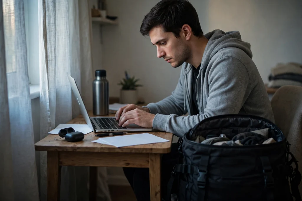 Office worker at a small home desk in the early morning working on a laptop side project beside a packed office bag