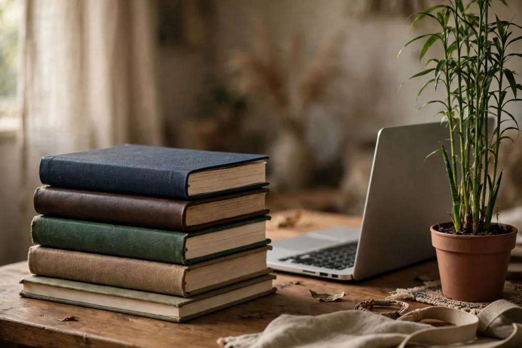 A stack of five yearly notebooks on a desk beside a laptop, each notebook thicker than the one below, next to a small plant grown tall