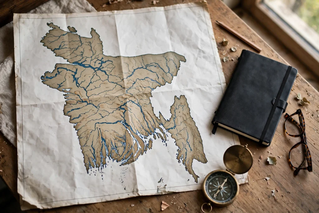 Map of Bangladesh on a desk with compass and notebook — advice in local context