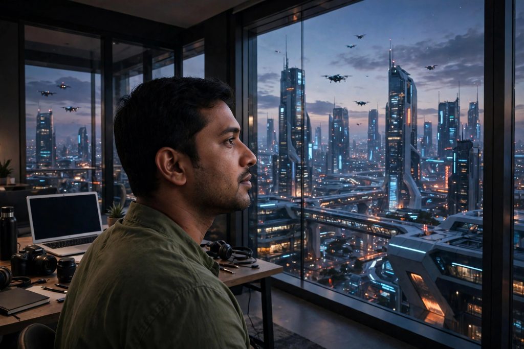 A creator looking out a high-rise window at a futuristic city skyline at dusk