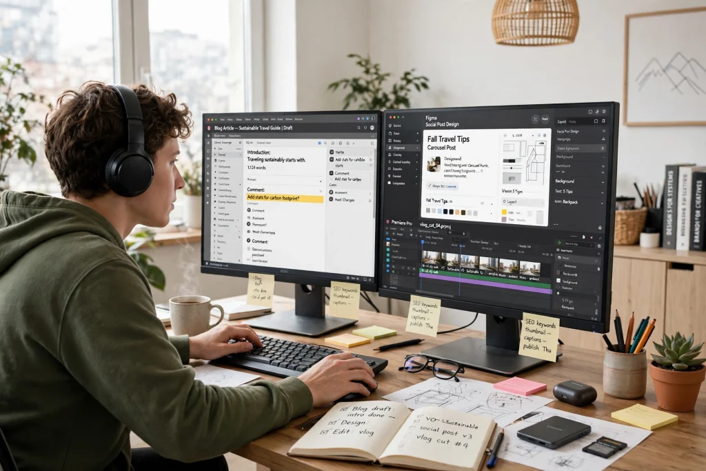 One creator at a desk with two monitors running writing, design and video work at once — AI as a multiplier