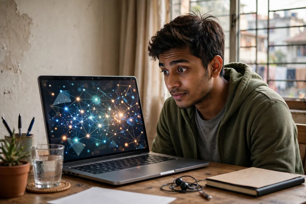 Beginner exploring AI tools on a laptop with abstract glowing shapes on the screen