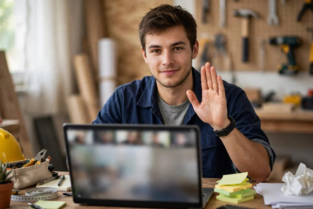 Young builder at a tidy desk politely raising one hand in a calm no gesture during a video call, extra requests pushed to the side