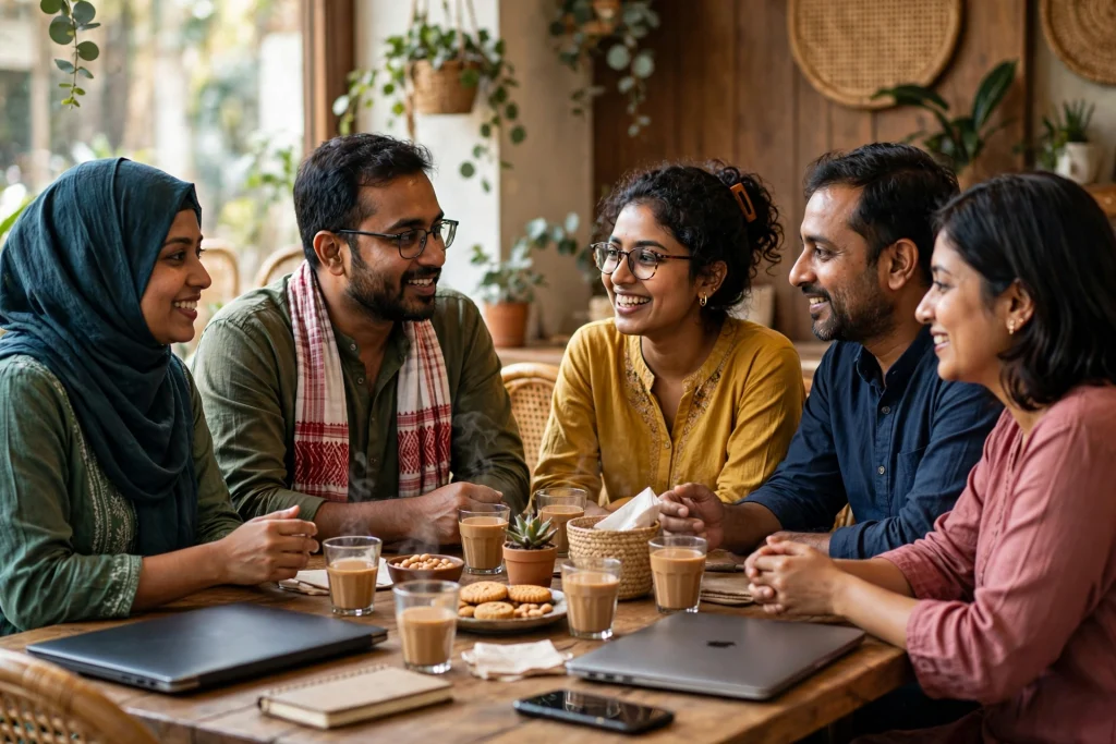 Creators talking warmly around a table at a community meetup with tea