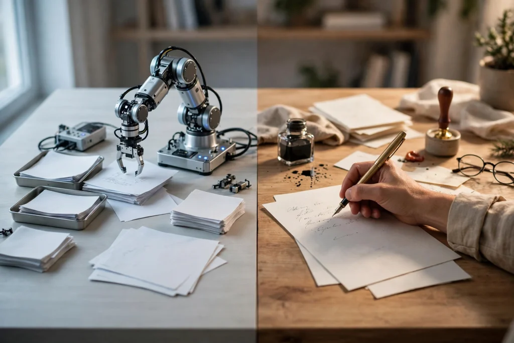 A desk split in two halves — a small robot arm sorting papers on one side, handwritten letters being written carefully by hand on the other