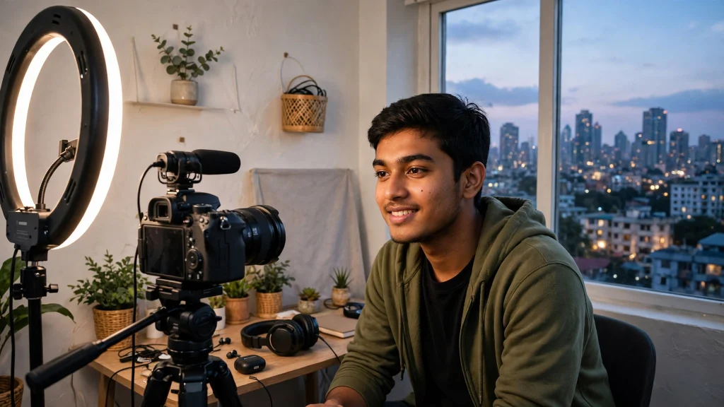 Bangladeshi creator filming in a home studio in Dhaka, skyline at dusk