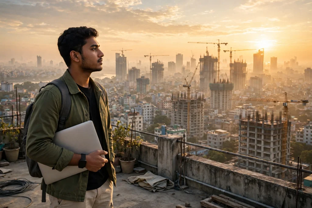Young Bangladeshi entrepreneur on a rooftop at sunrise looking over the Dhaka skyline with a laptop under one arm, cranes and new buildings rising