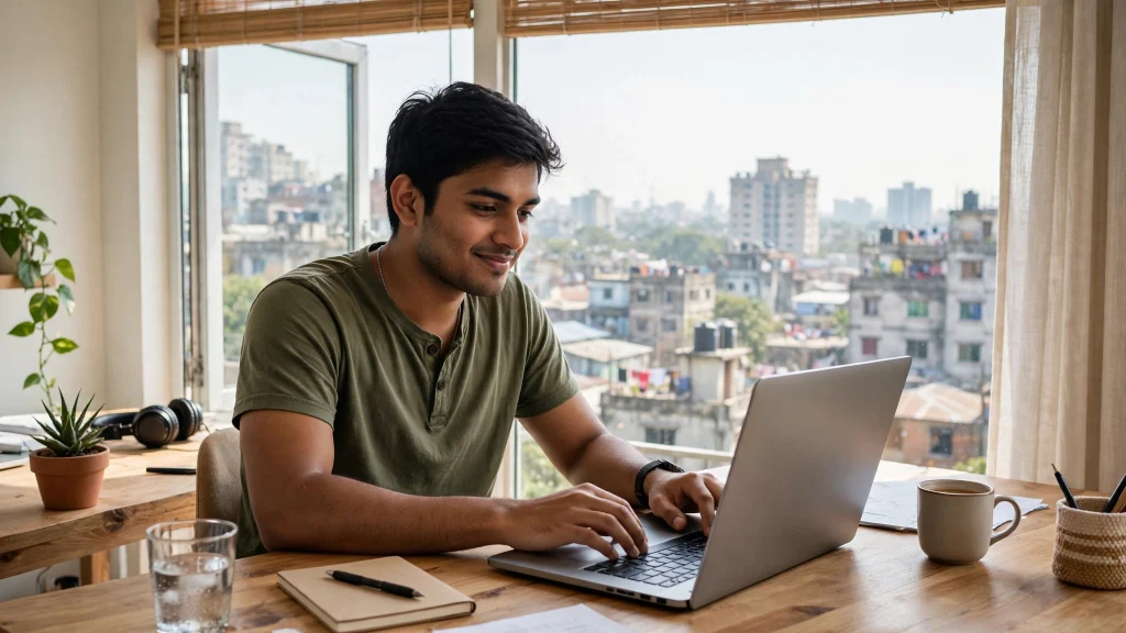 Bangladeshi freelancer working confidently on a laptop at a bright Dhaka home desk