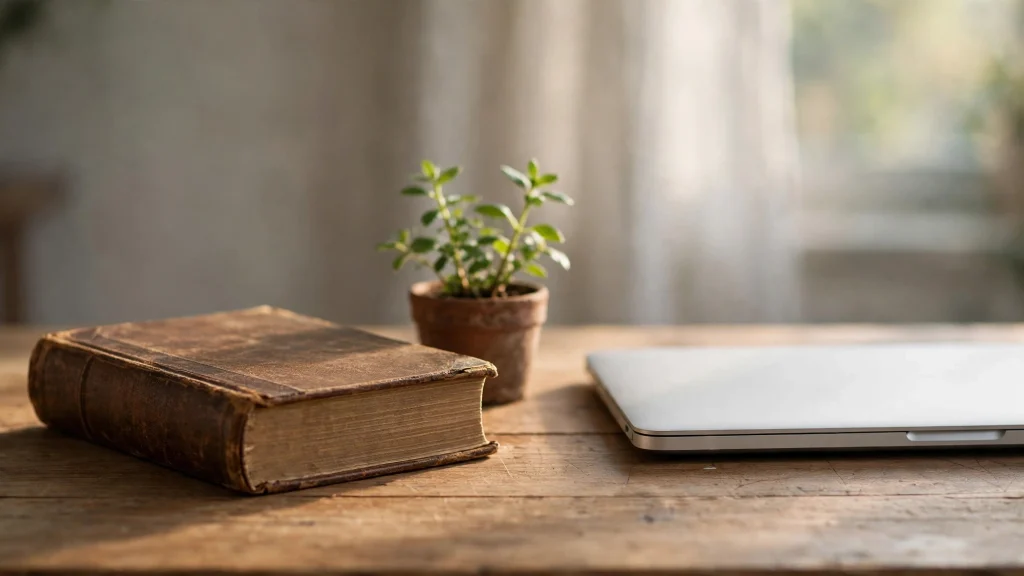 Old book and a small plant beside a closed laptop — work that outlasts its builder