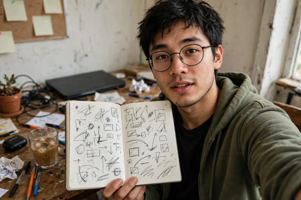 Young creator filming himself honestly at a small home studio desk, showing his open notebook to the camera
