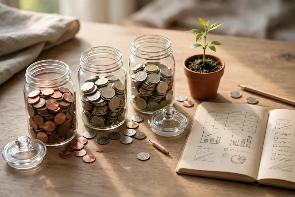 Savings jars and a small growing plant beside a notebook budget plan