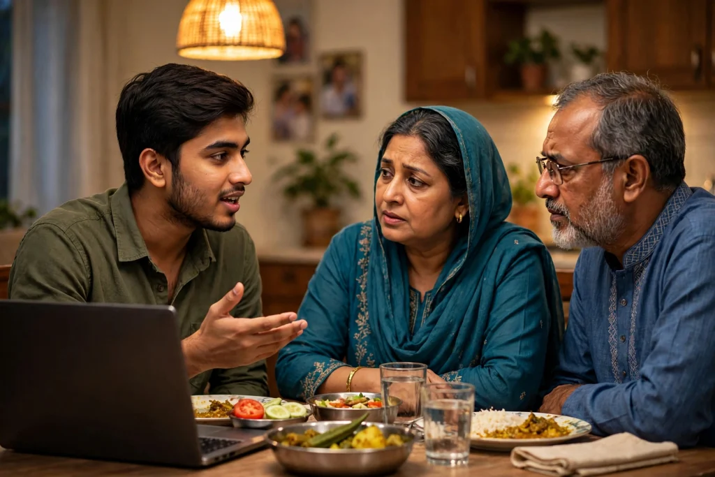 Young Bangladeshi man explaining his laptop work to his parents at a family dining table at home
