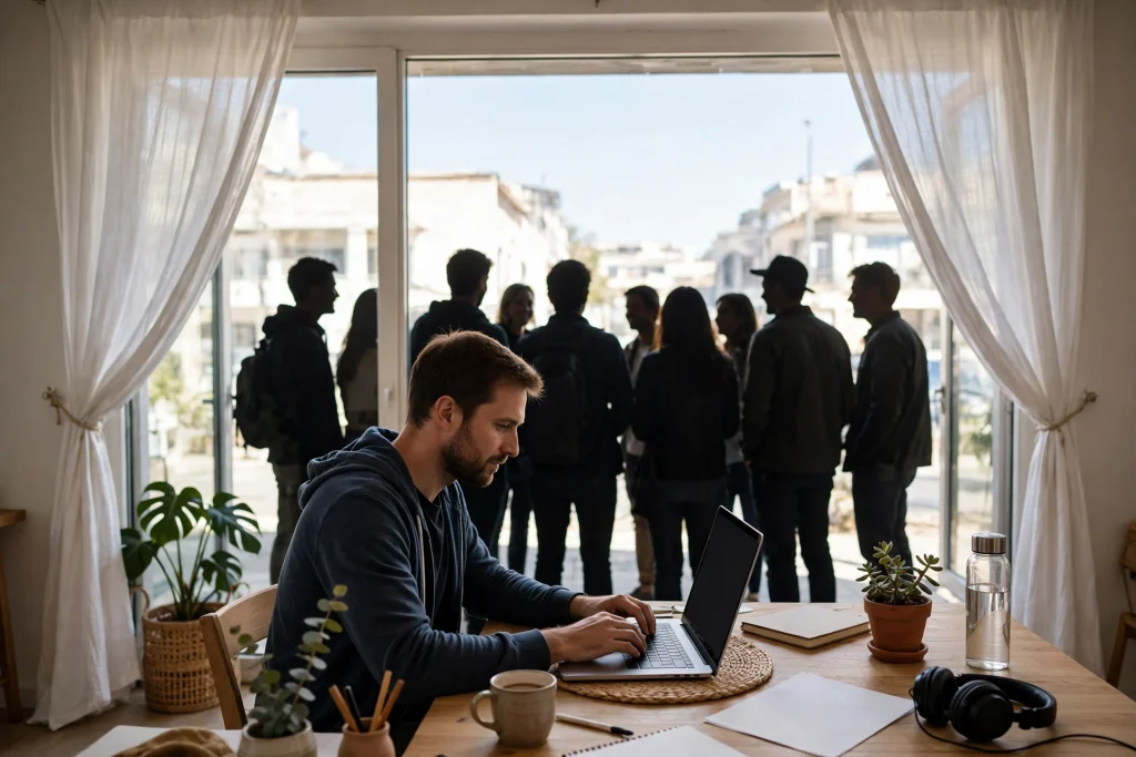 Creator publishing work-in-progress on a laptop in a bright room with curtains wide open, friendly audience silhouettes watching through a large window