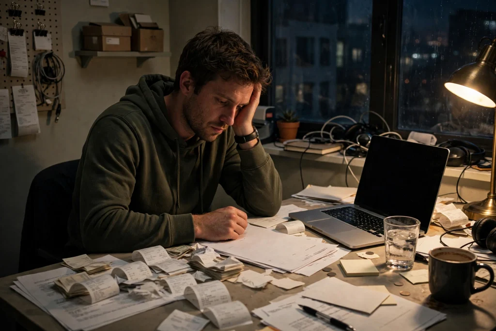 Founder alone in a small office late at night with receipts, bills and a laptop spread across the desk