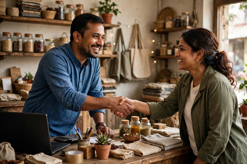 Small business owner shaking hands with a happy customer across a shop counter