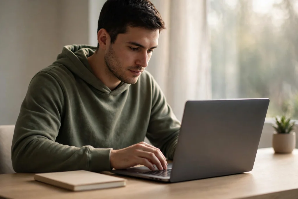 Calm focused worker at a clean uncluttered desk with a single notebook and laptop in morning light