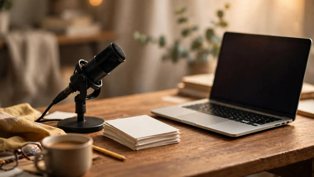 Teacher's desk with laptop, blank question cards and a microphone
