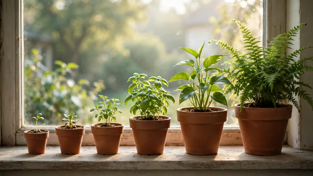 Row of potted plants, each bigger than the last — small growth compounding over time