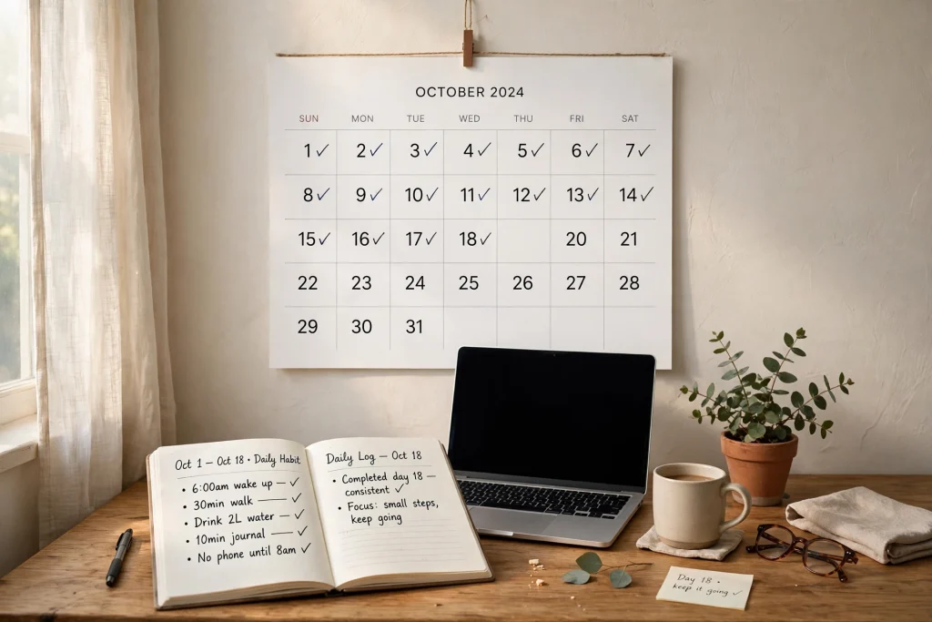 Wall calendar with many consecutive days marked off above a work desk — steady daily consistency