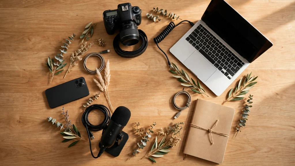 Creator's desk arranged in a circle — camera, laptop, notebook, microphone and phone feeding one workflow