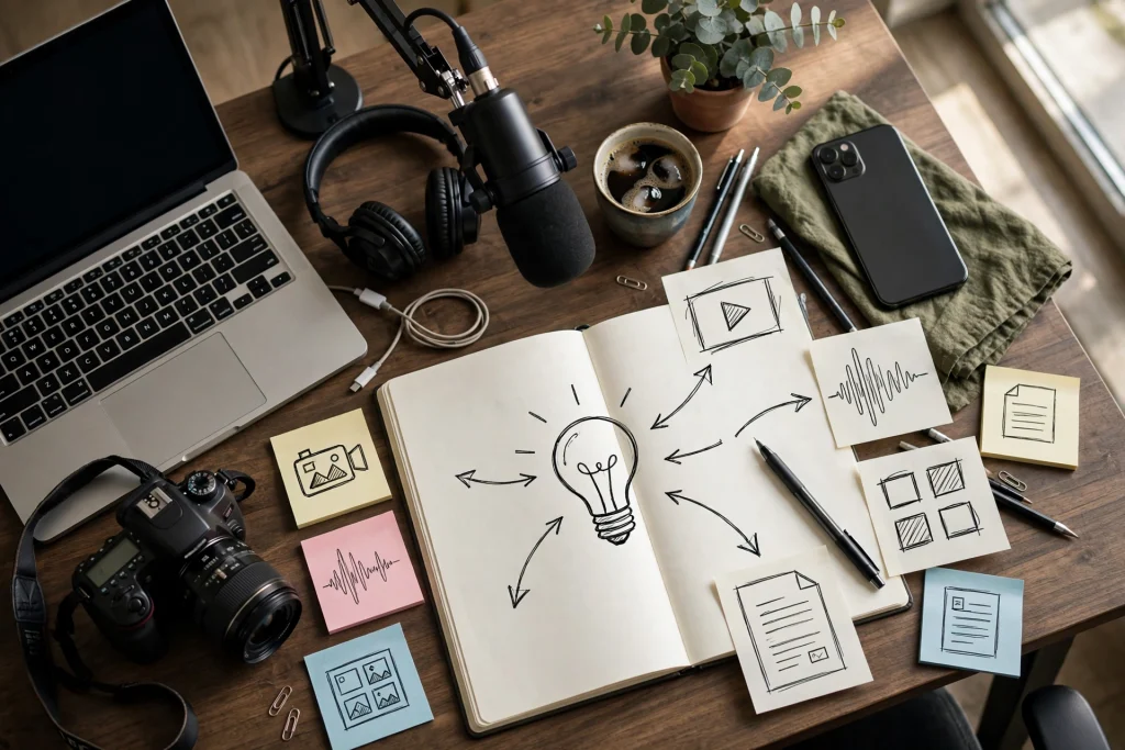 Creator desk with laptop, camera, microphone, phone and notebook — one idea in many formats