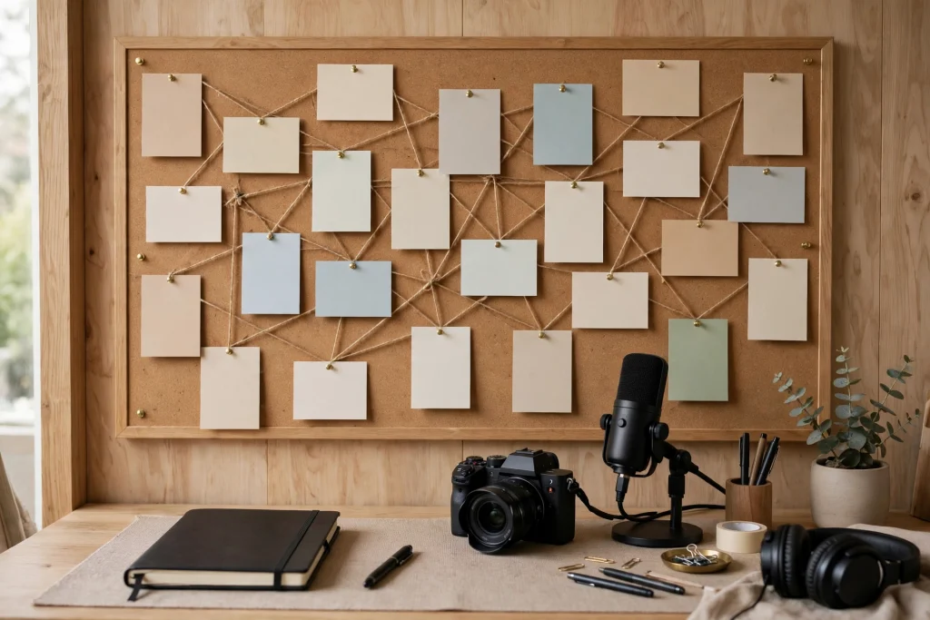 Creator desk with camera, microphone, idea notebook and a board of pinned index cards connected by string