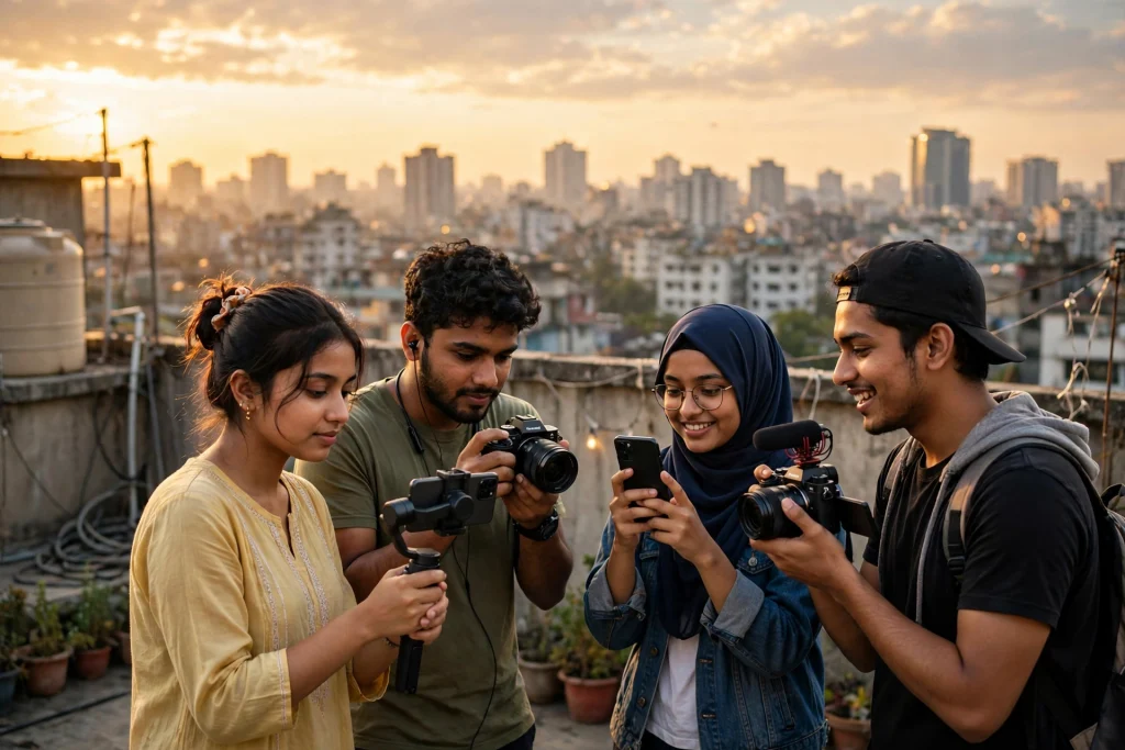 Young Bangladeshi creators with cameras and smartphones filming on a Dhaka rooftop at golden hour