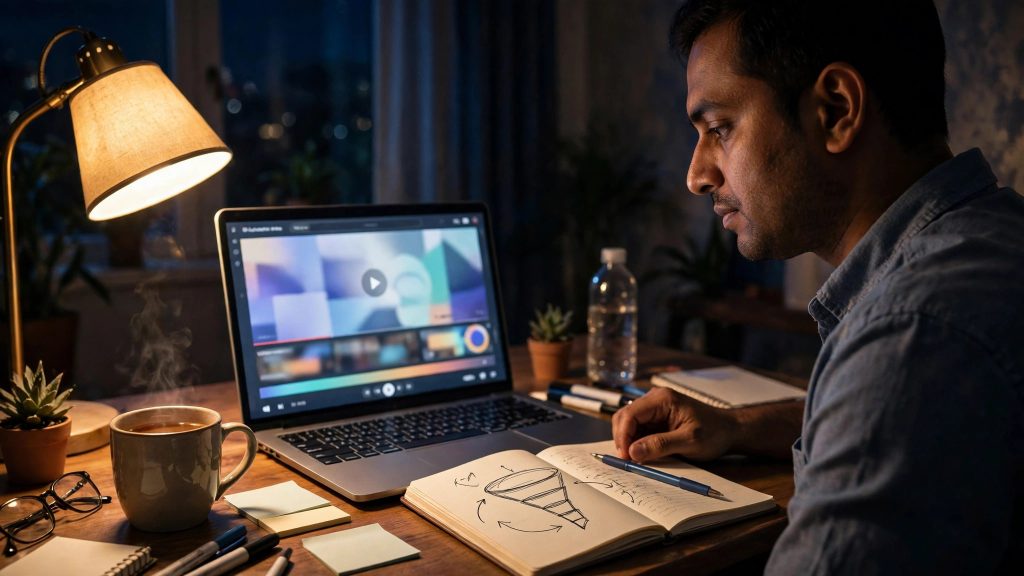 Working professional learning digital marketing online at night
