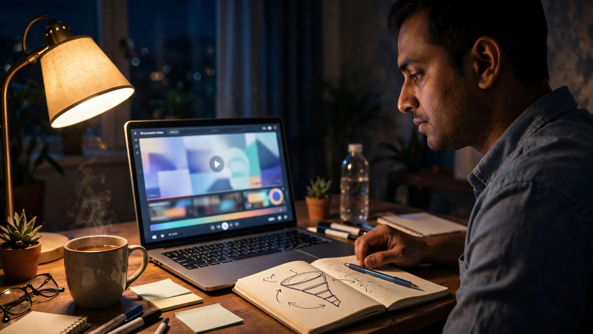 Working professional learning digital marketing online at night