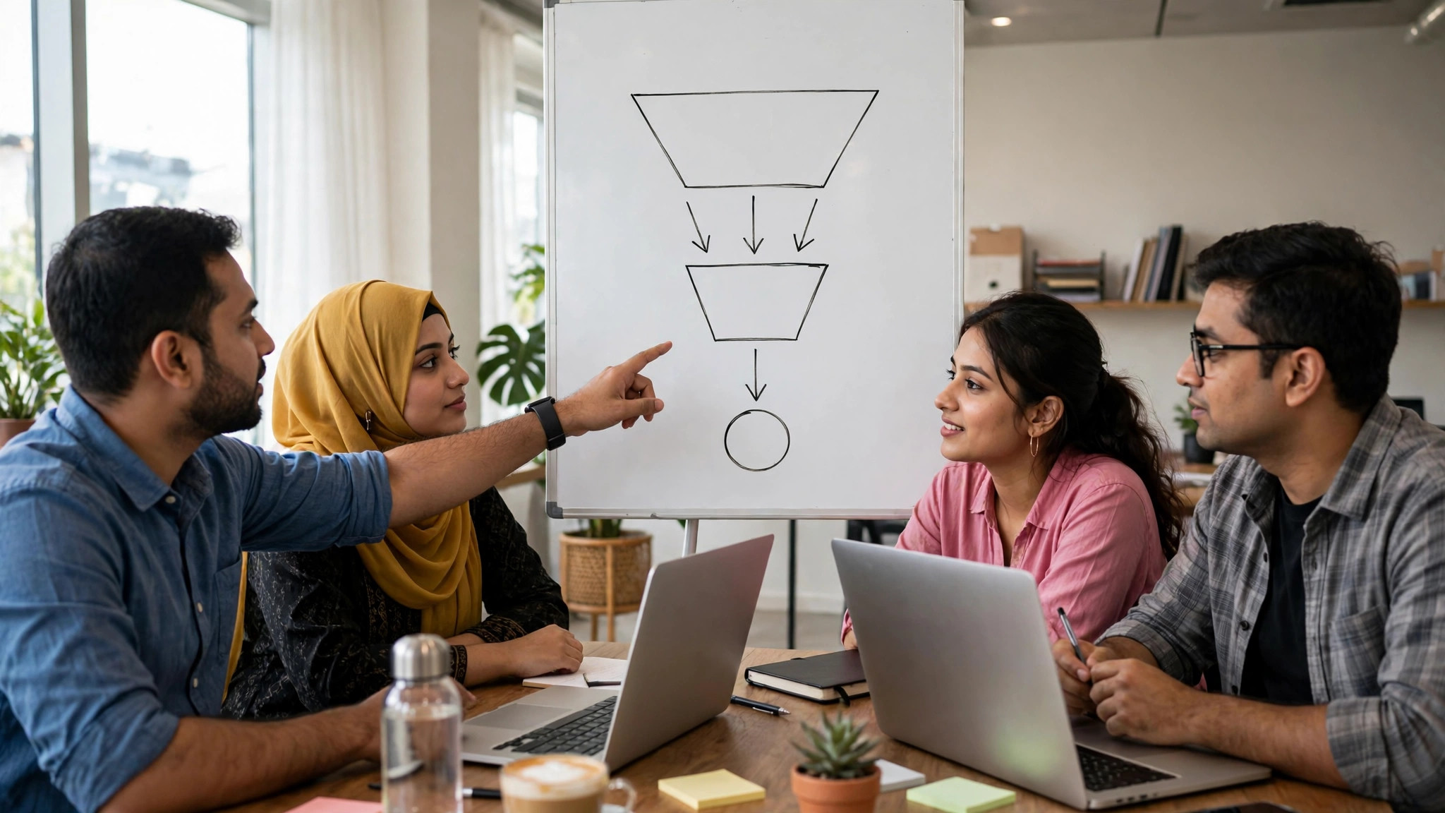 Small team reviewing a marketing funnel on a whiteboard