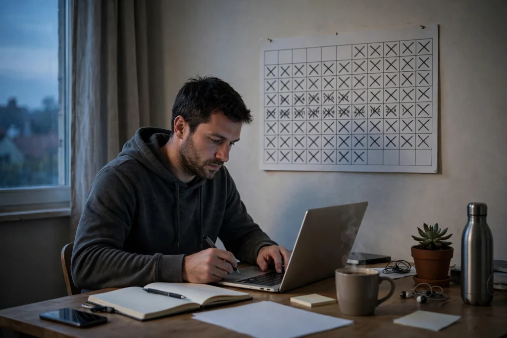 Man sitting down at his desk at dawn to work, a wall calendar behind him showing a long unbroken streak of crossed-off days