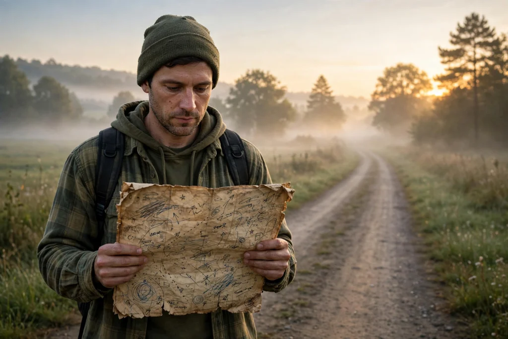 Man standing at the start of a familiar country road at sunrise holding an old worn map covered in new handwritten notes