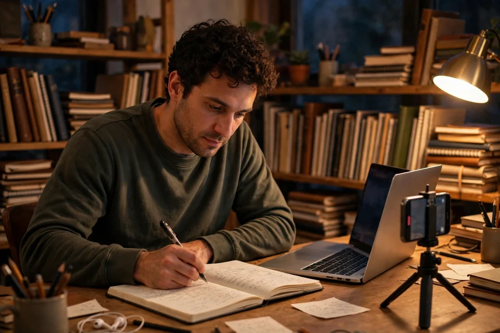 Creator writing lessons in an open notebook at a home desk while a phone on a tripod records him working, shelves of filled notebooks behind