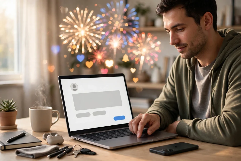 Calm content creator pressing publish on a plain post at a tidy desk while ignoring explosive notification bursts on a face-down phone