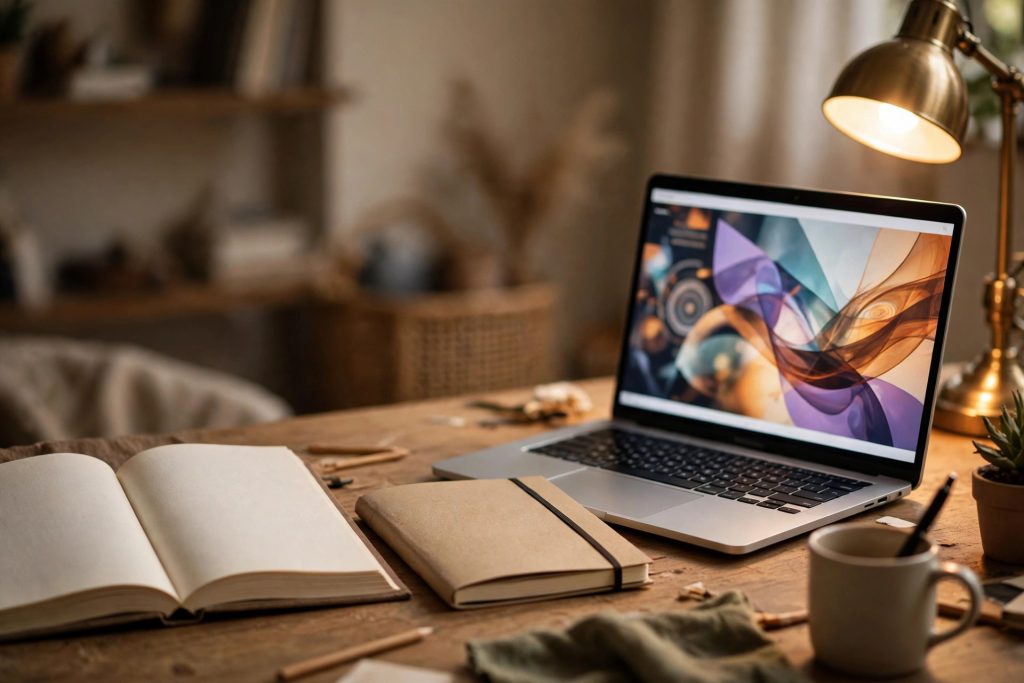 A desk with an open printed book on one side and a laptop playing a video lesson on the other