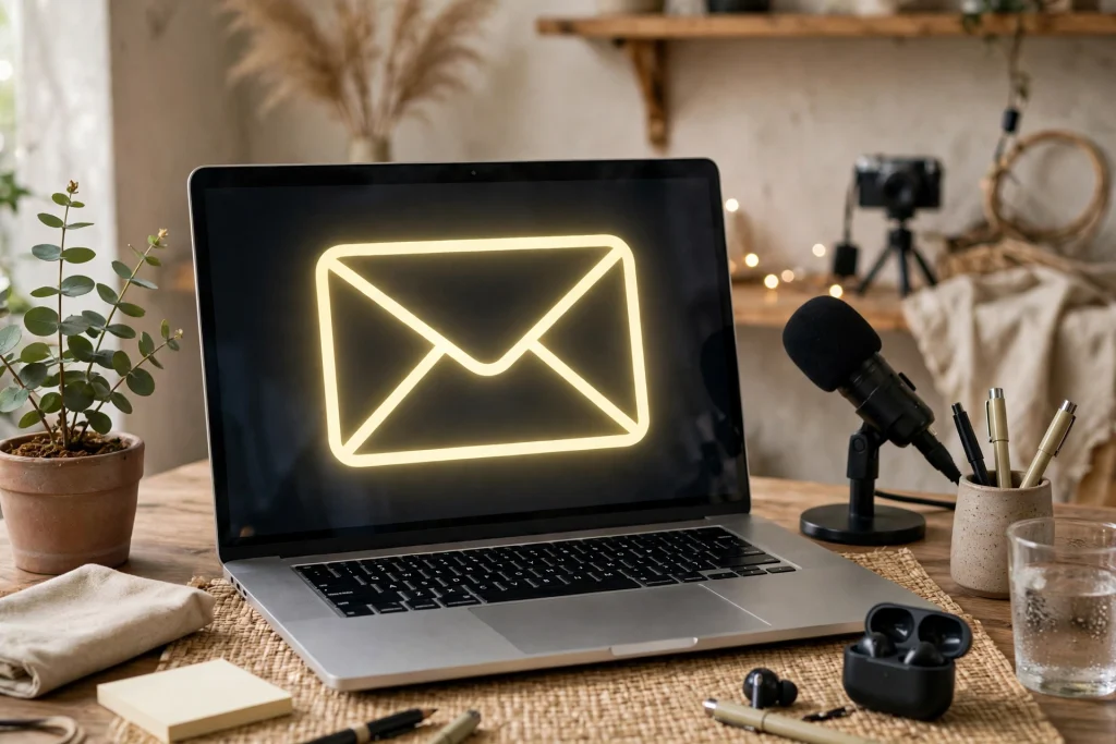 Laptop on a creator desk with a glowing envelope shape on the screen