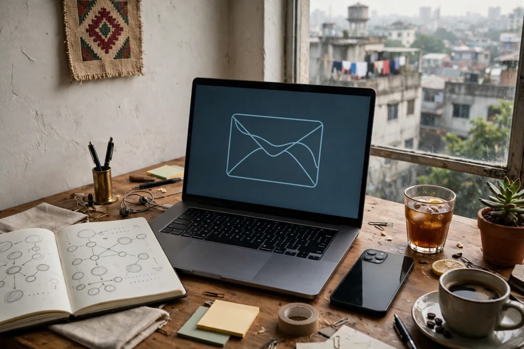 Creator's desk with laptop showing an envelope shape — building an email list