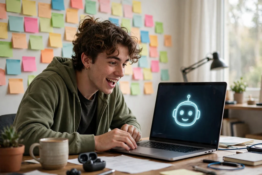 Young creator eagerly testing an early AI tool on a laptop in a home office, wall covered with experiment sticky notes