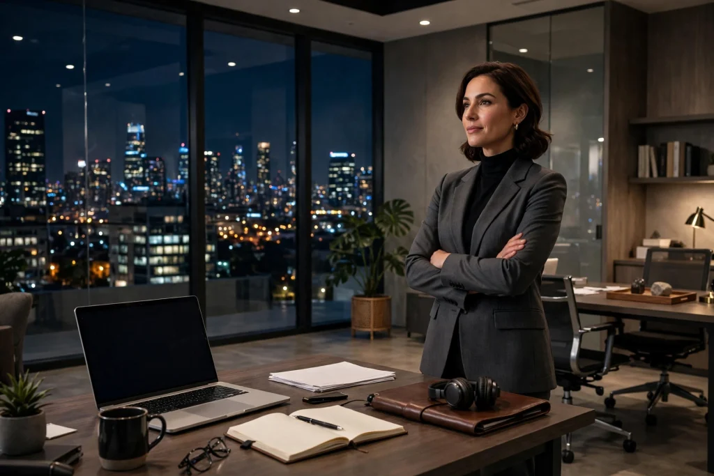 Professional standing in a modern office after hours, city lights behind