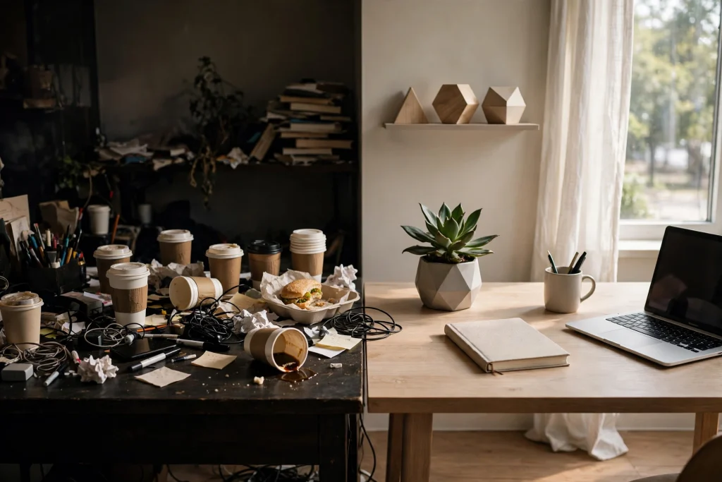 Two contrasting workspaces in one room — a cluttered dark desk with distractions beside a clean bright desk with a plant and notebook near a window