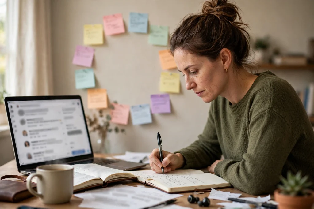 Writer reading reader comments on a laptop and writing lessons learned in a notebook, sticky notes arranged in a circular loop on the wall