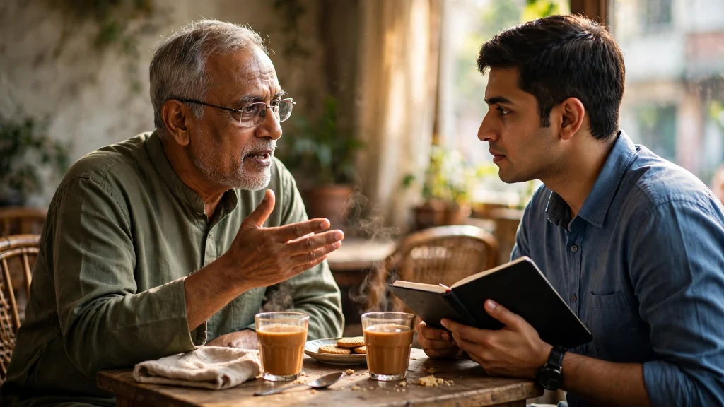 Mentor and young professional talking over tea at a Dhaka cafe