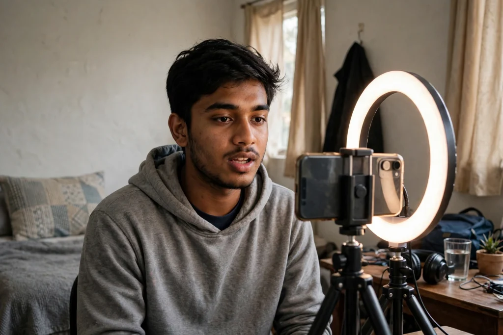 Beginner YouTuber recording a video with a smartphone on a tripod and a ring light