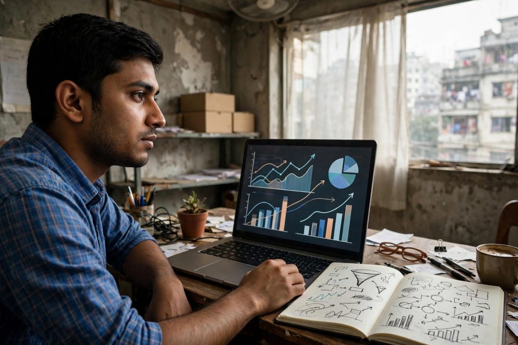 A marketer studying abstract analytics charts on a laptop, notebook of funnel sketches beside him