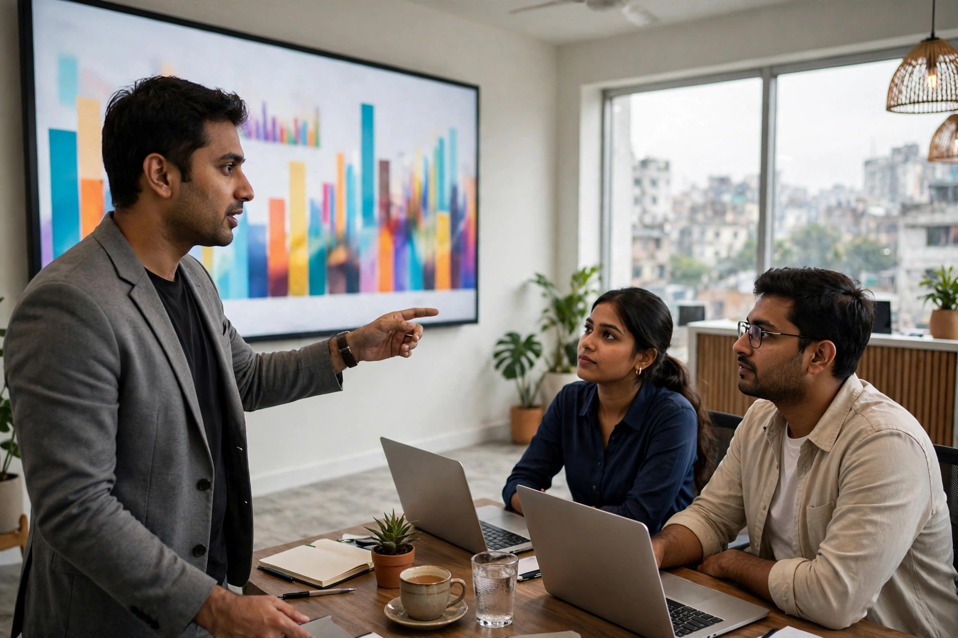 A marketer presenting abstract chart results to two colleagues in a small Dhaka office meeting