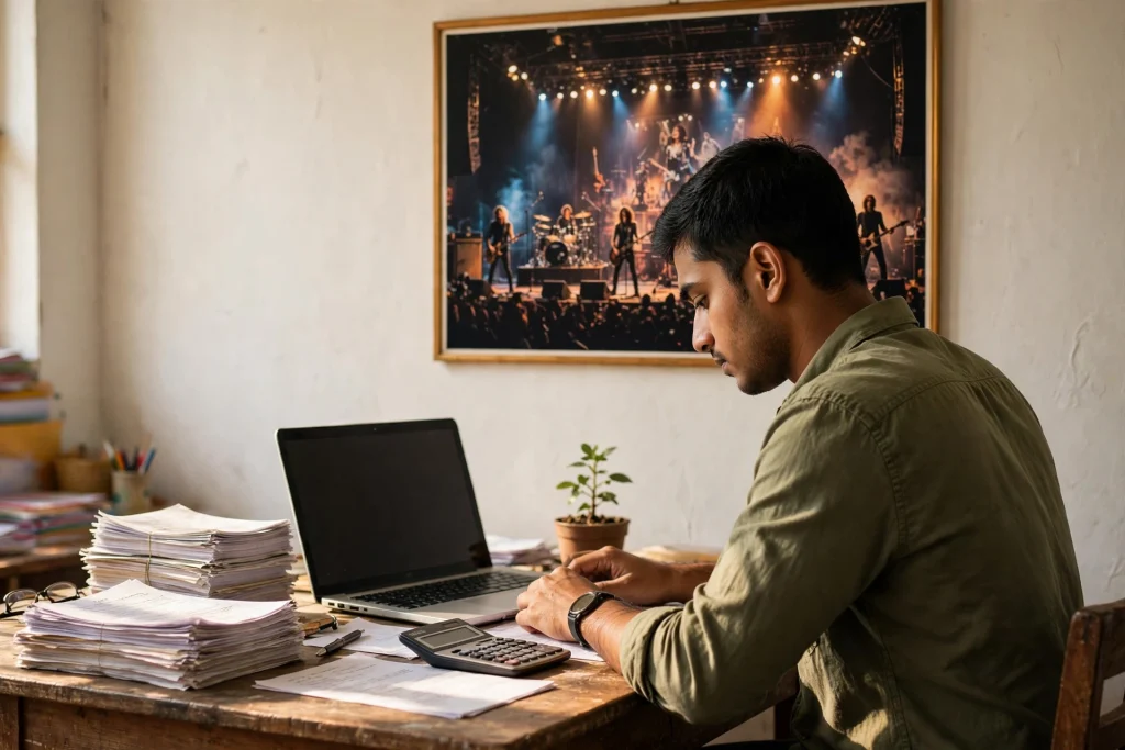 Young Bangladeshi professional at a modest desk with a laptop and calculator, turning away from a glamorous stage poster to focus on steady practical work
