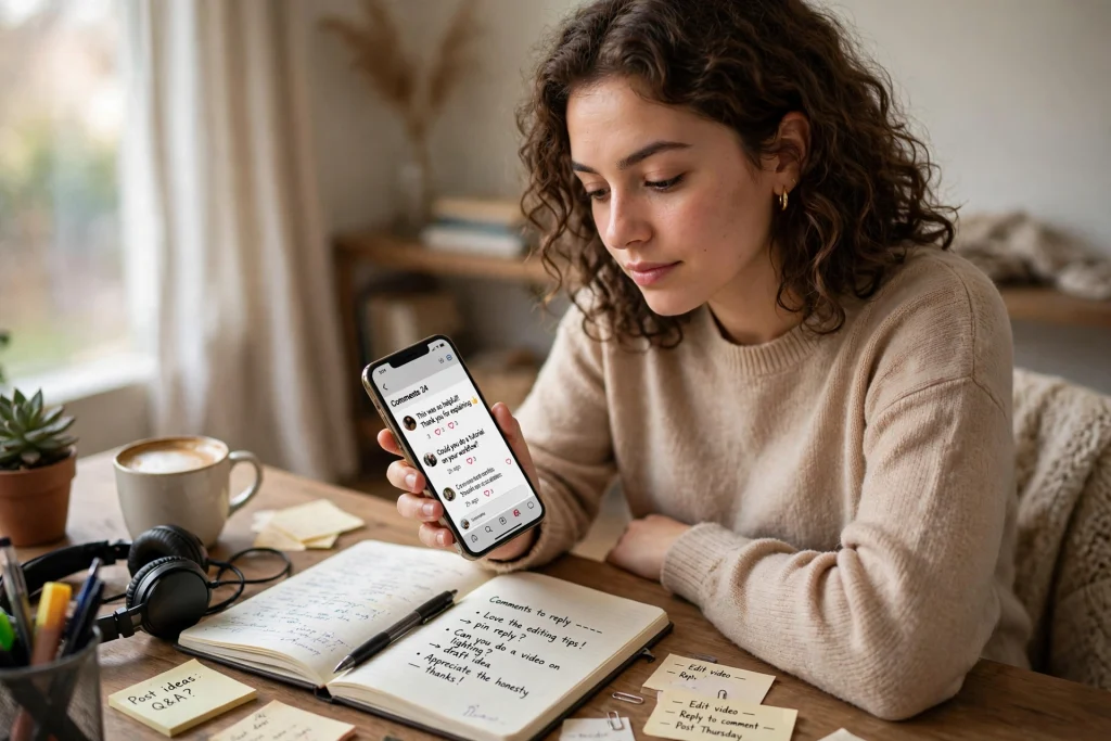 Creator calmly reading comments on a phone with a notebook beside them