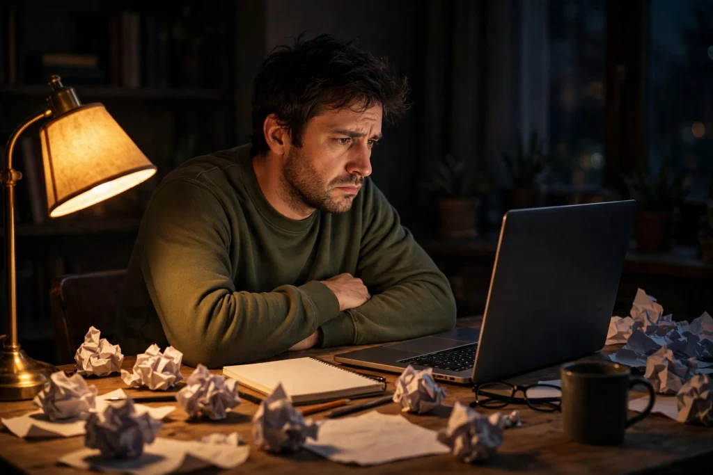 Writer at a desk late in the evening staring at a blank laptop screen with crumpled draft papers beside him