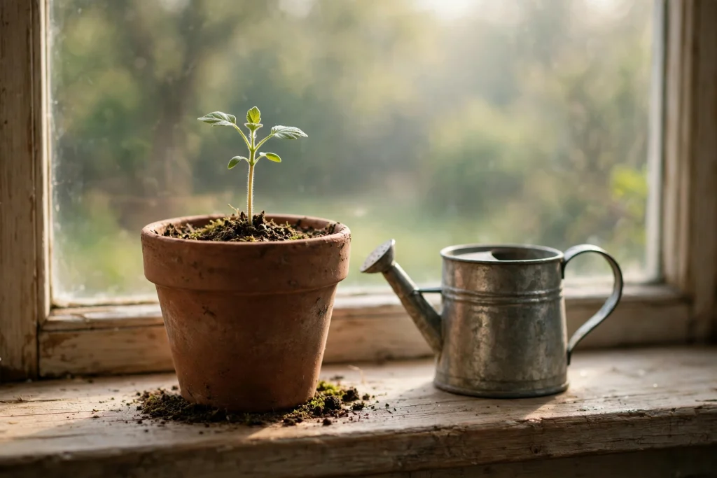 Small plant growing slowly in a pot on a windowsill in soft morning light with a watering can beside it